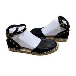 Ash Black Gold Studded Ankle Strap Espadrille Platform Sandals Size 35 Women's
